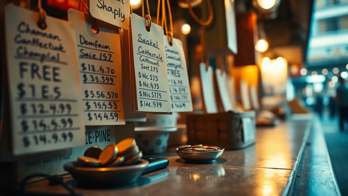 Market stall with coins in a dish beside a phone