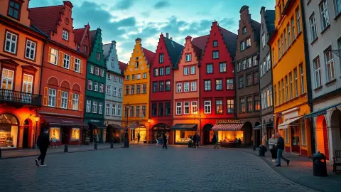 Colourful old town square in Poland at dusk