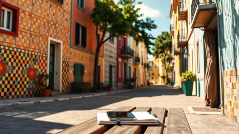 Sunny street with tiled facades and a bench holding a phone and notebook