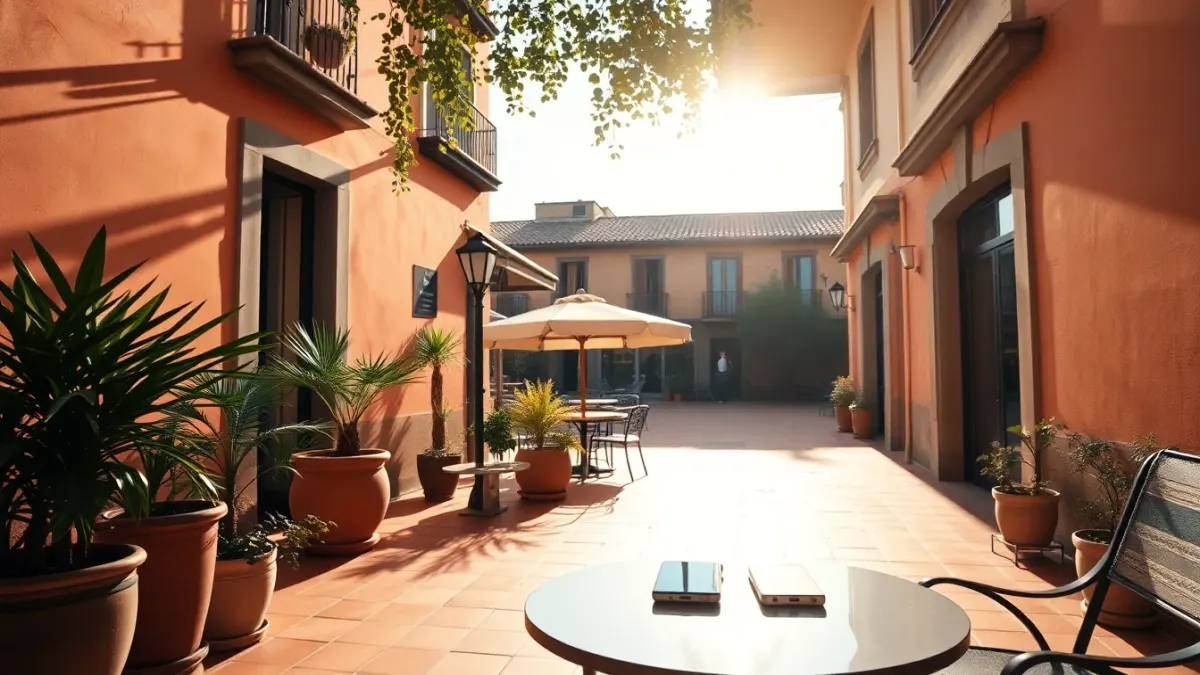 Sunny Spanish plaza cafe table with a coffee and a phone
