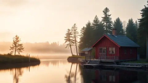 Red wooden cottage by a lake at golden hour in Sweden