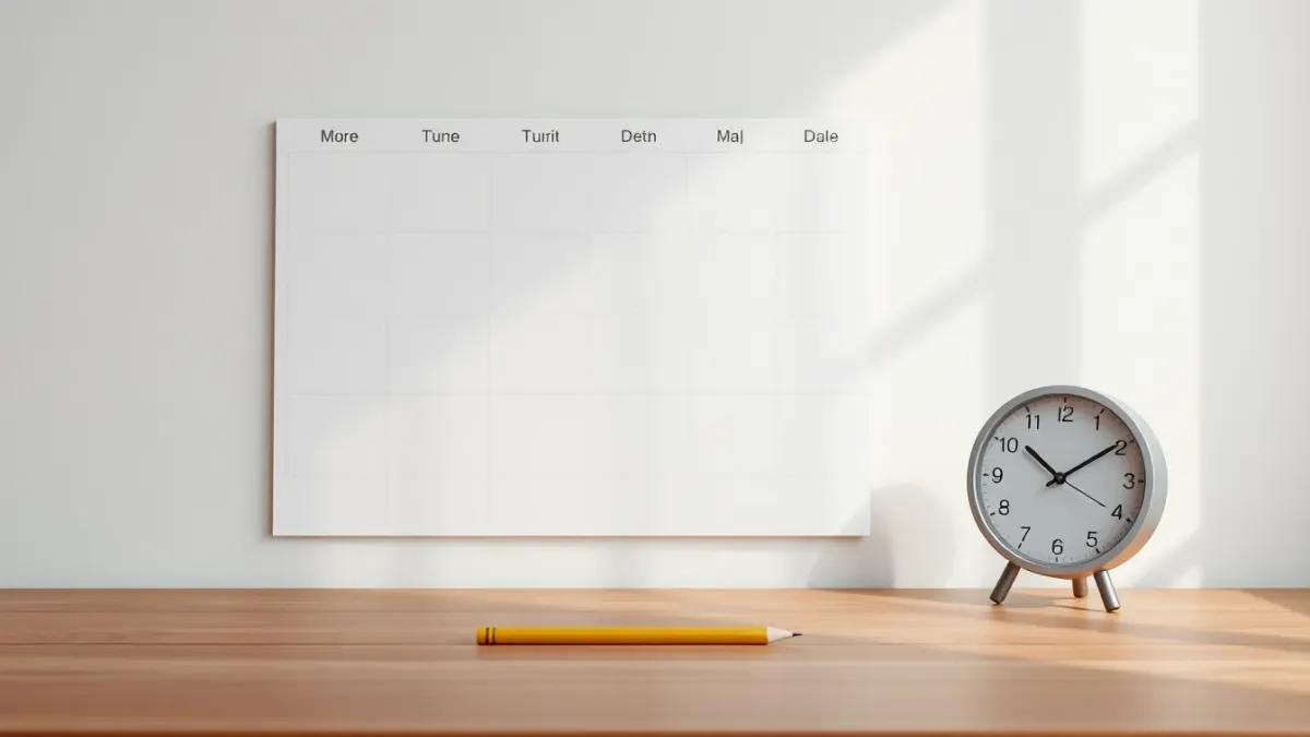 Blank wall calendar, wall clock and pencil on a wooden table