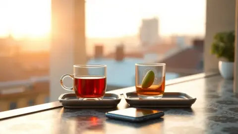 Turkish tea glass on a tray with patterned tile and a phone