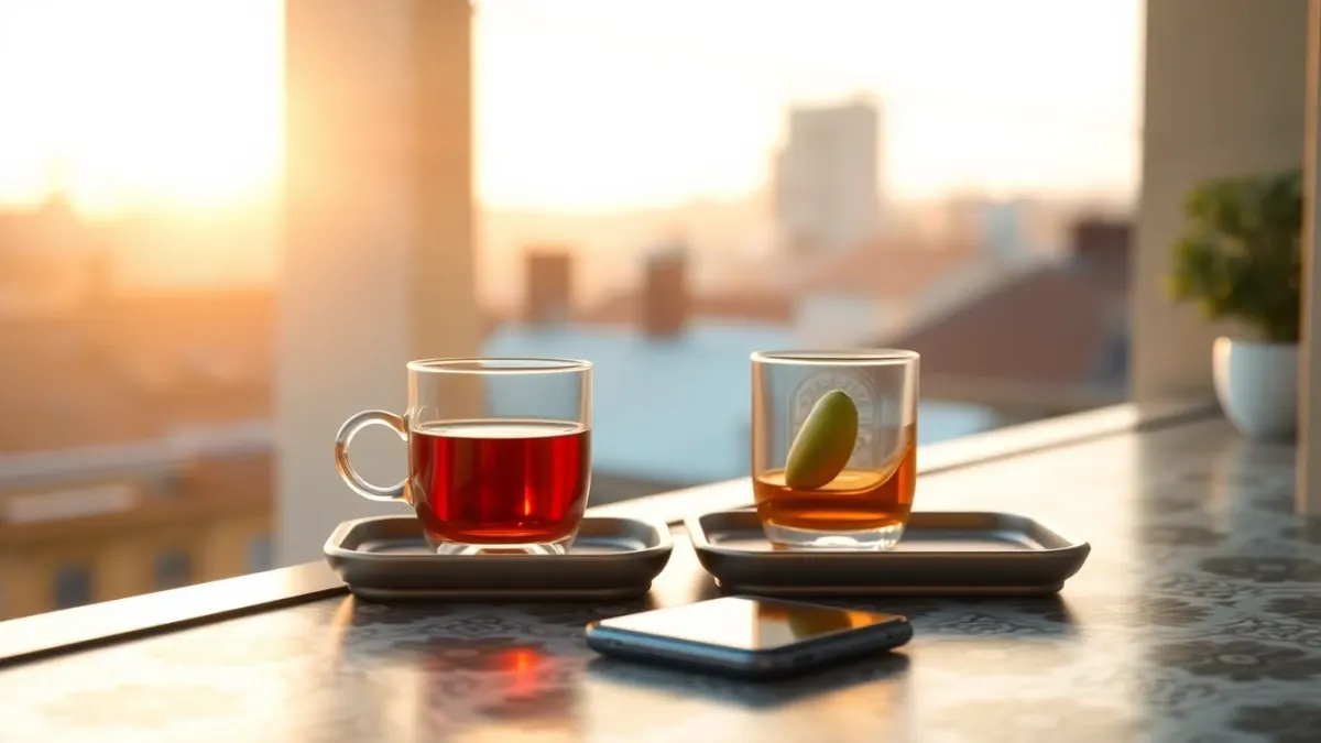 Turkish tea glass on a tray with patterned tile and a phone