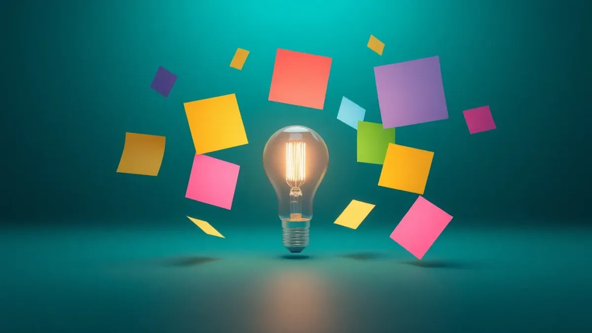 Colorful floating notes around a lightbulb symbolizing memorable vocabulary
