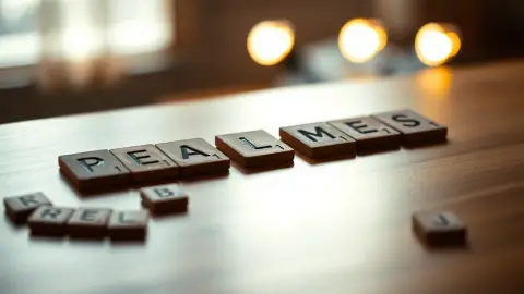 Wooden letter tiles arranged on a table, with loose tiles scattered around