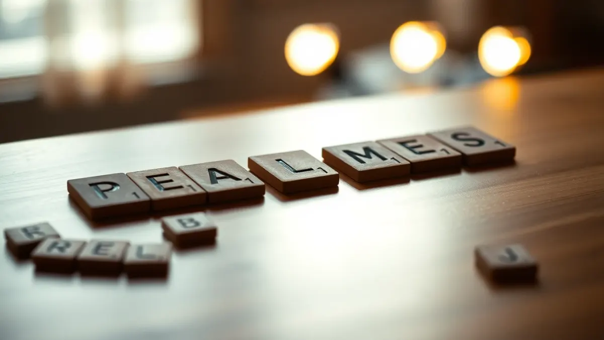 Wooden letter tiles arranged on a table, with loose tiles scattered around
