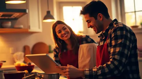 Couple cooking together in a bright kitchen while reading a recipe on a tablet
