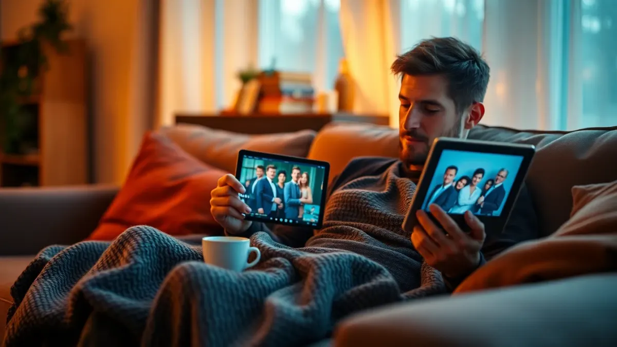 Person on a sofa watching a video on a tablet with tea