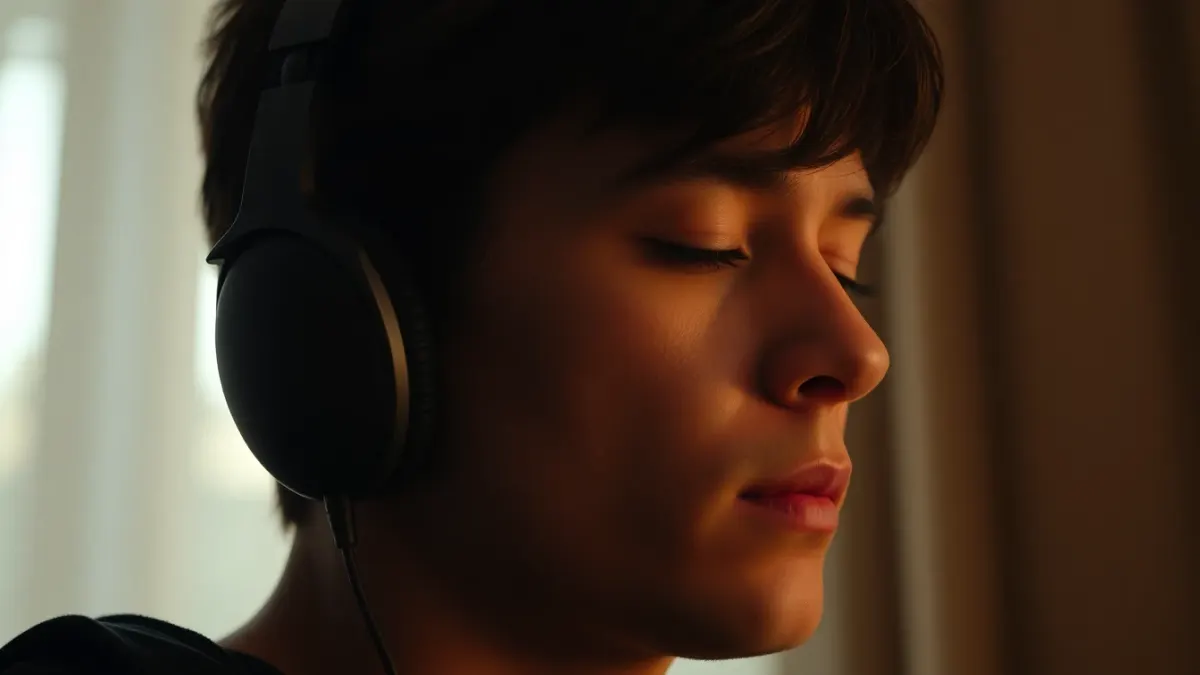 Person in profile wearing headphones with eyes closed, concentrating