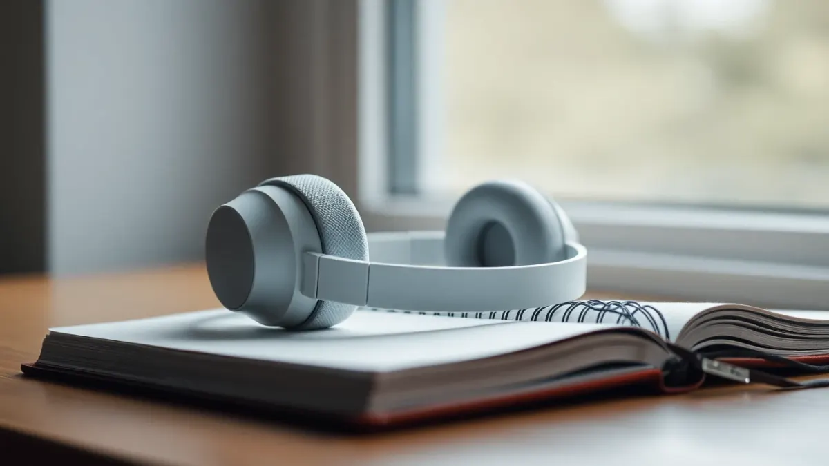 White headphones resting on an open notebook near a bright window