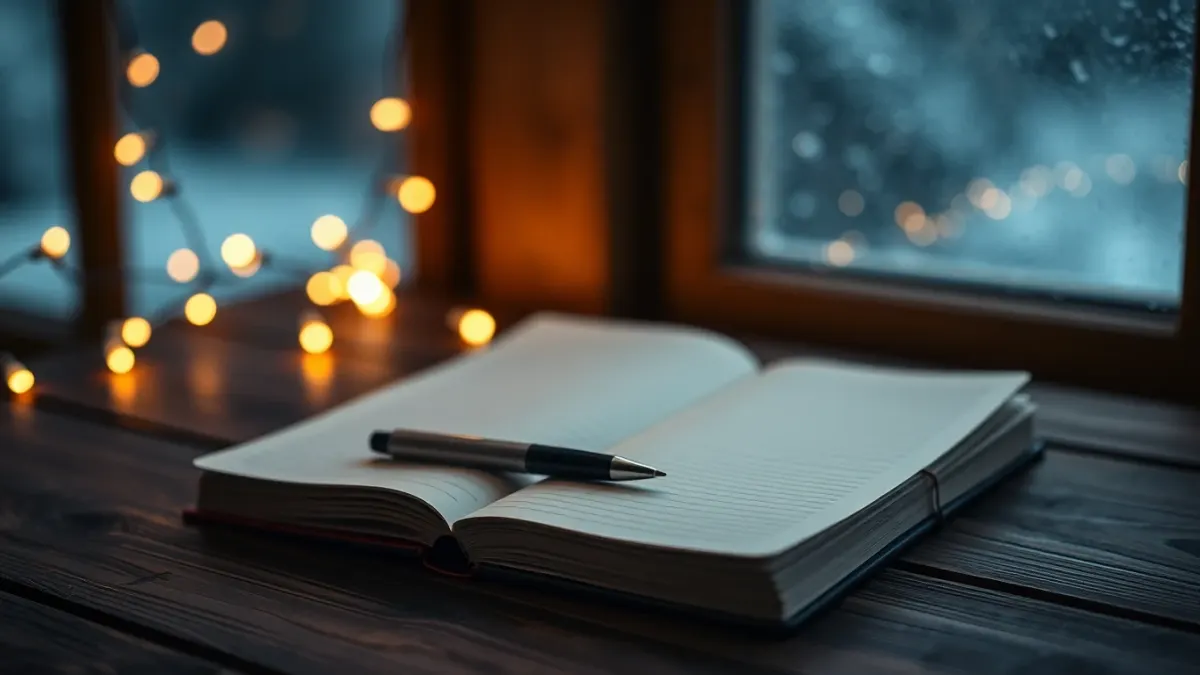 Open notebook and pen on a table with fairy lights, ready for new year goal planning