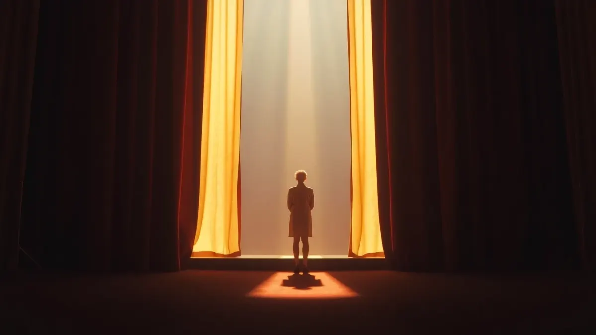 Person at the edge of a stage curtain stepping toward warm light
