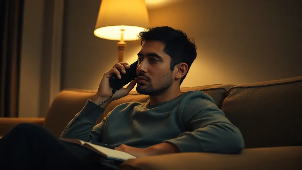 Person on a sofa holding a phone with a notepad and pen beside them