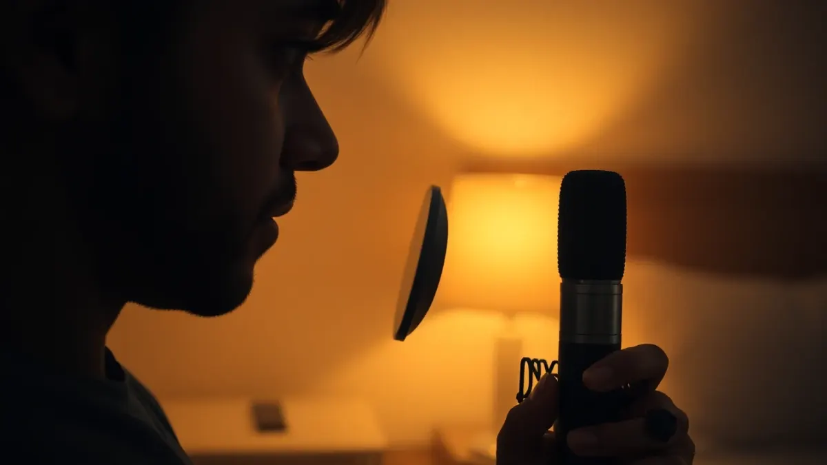Person speaking into a phone in a quiet room to practise pronunciation