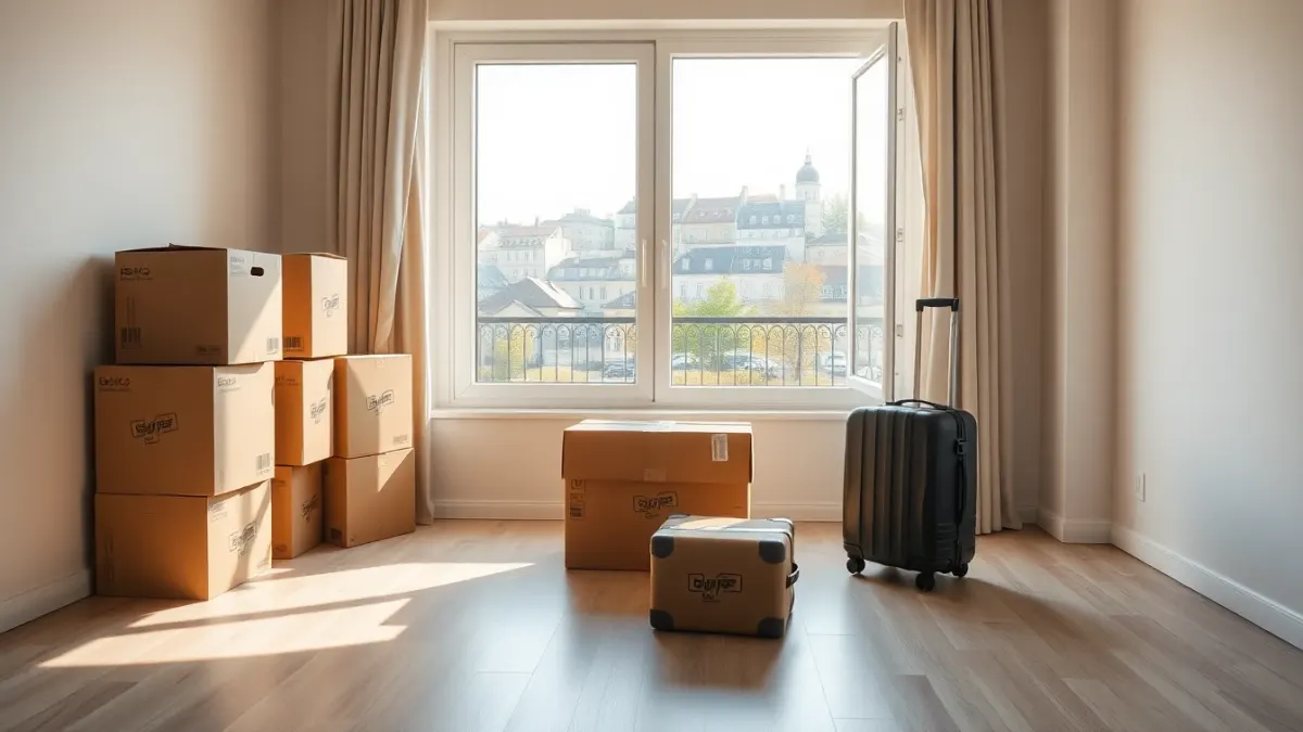Moving boxes and a suitcase in a bright apartment overlooking a city