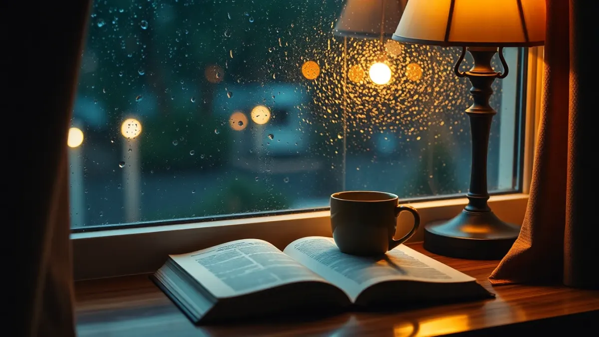 Cozy reading nook with an open book and a warm drink by a rainy window