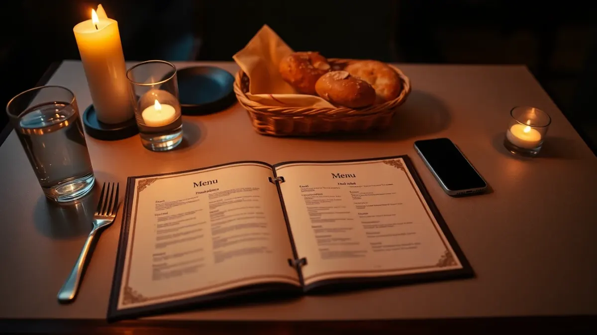 Restaurant table with closed menu, water glass, bread basket and phone
