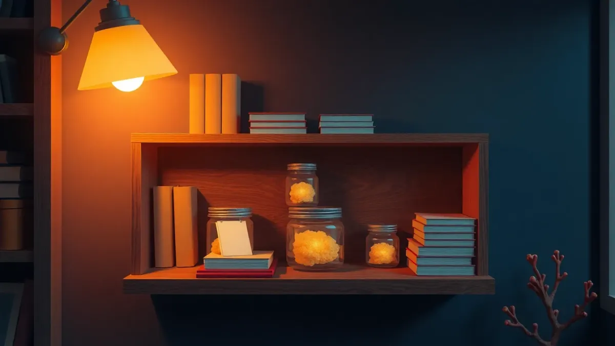 Small wooden shelf holding glowing index cards in a cosy study corner