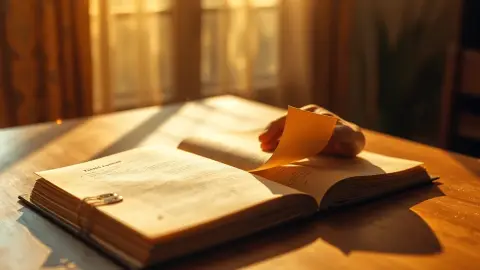 Hand turning to a fresh page in a dusty notebook in a sunlit room