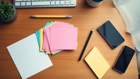 Fan of colorful index cards on a wooden desk next to a phone