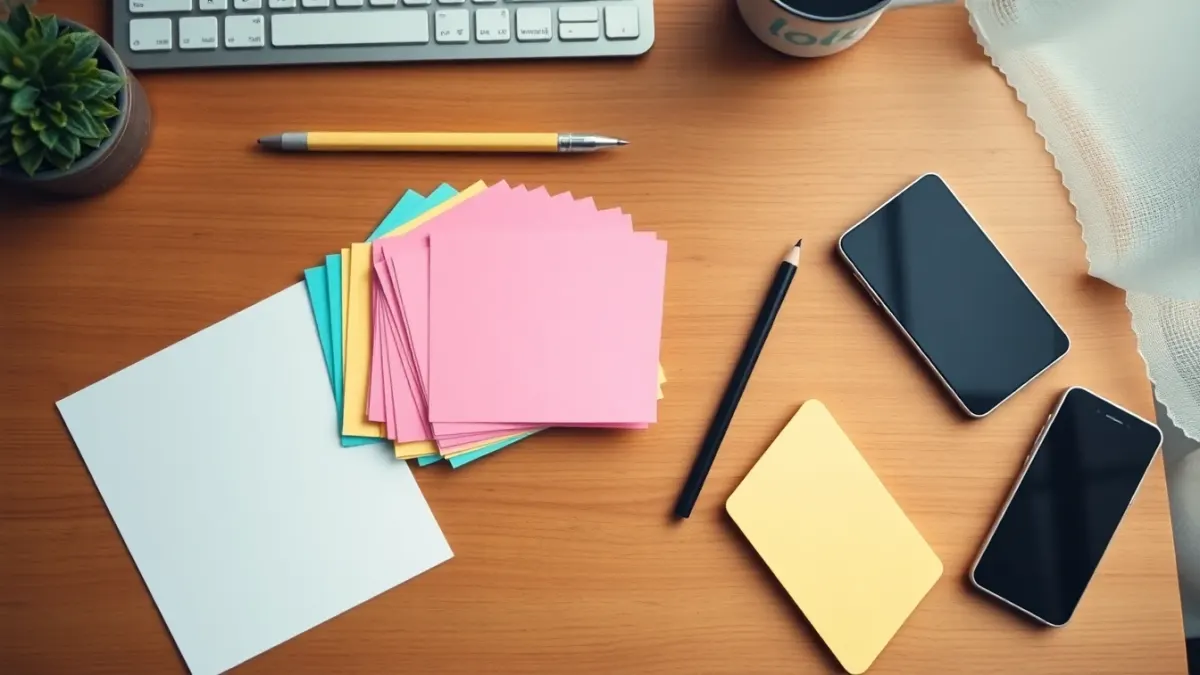 Fan of colorful index cards on a wooden desk next to a phone