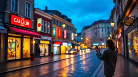Pedestrian on a lit-up street photographing a shop sign with a phone