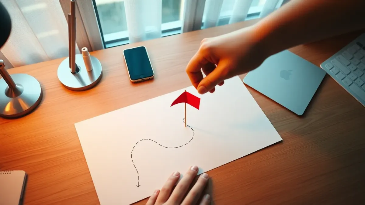 Hand planting a small flag on a paper path across a desk