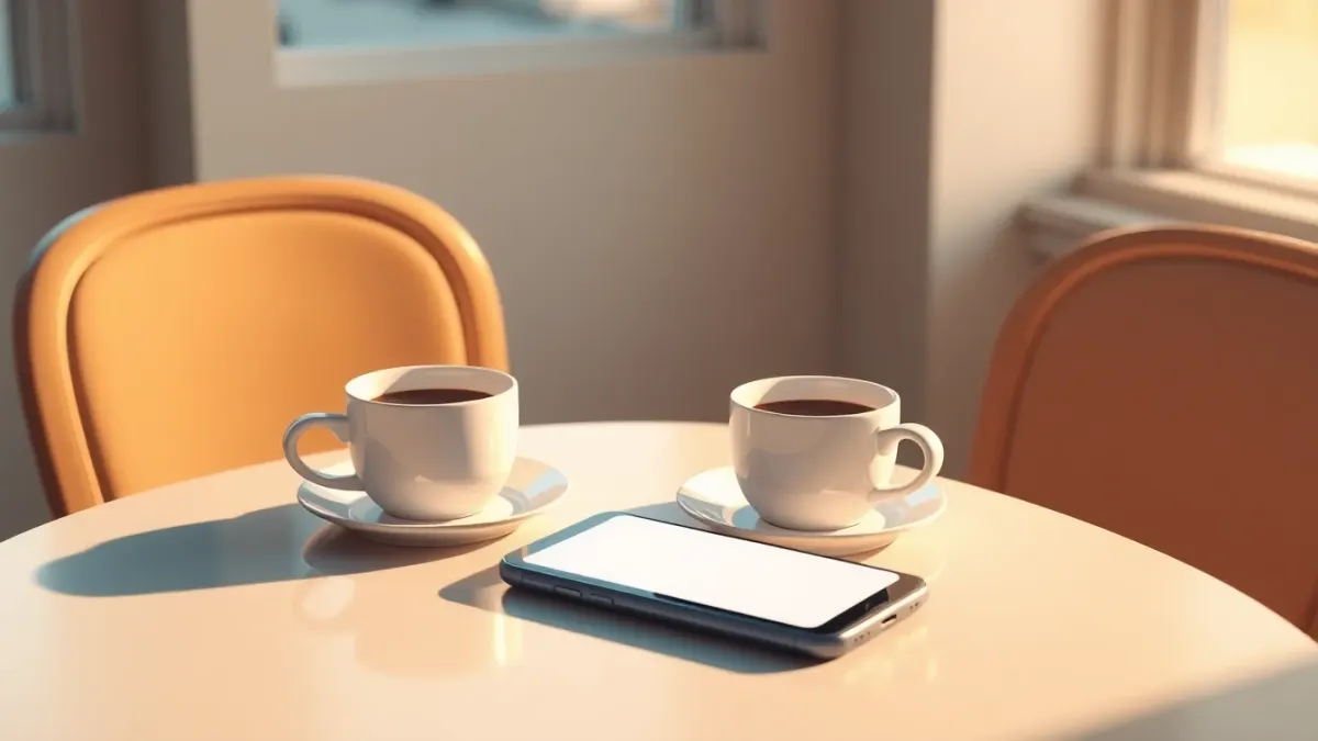 Two coffee cups and a biscuit plate between two chairs with a phone