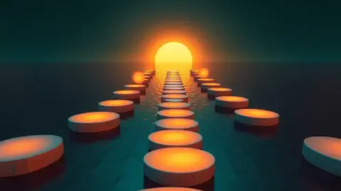 Glowing stepping stones with increasing gaps crossing water toward a bright horizon
