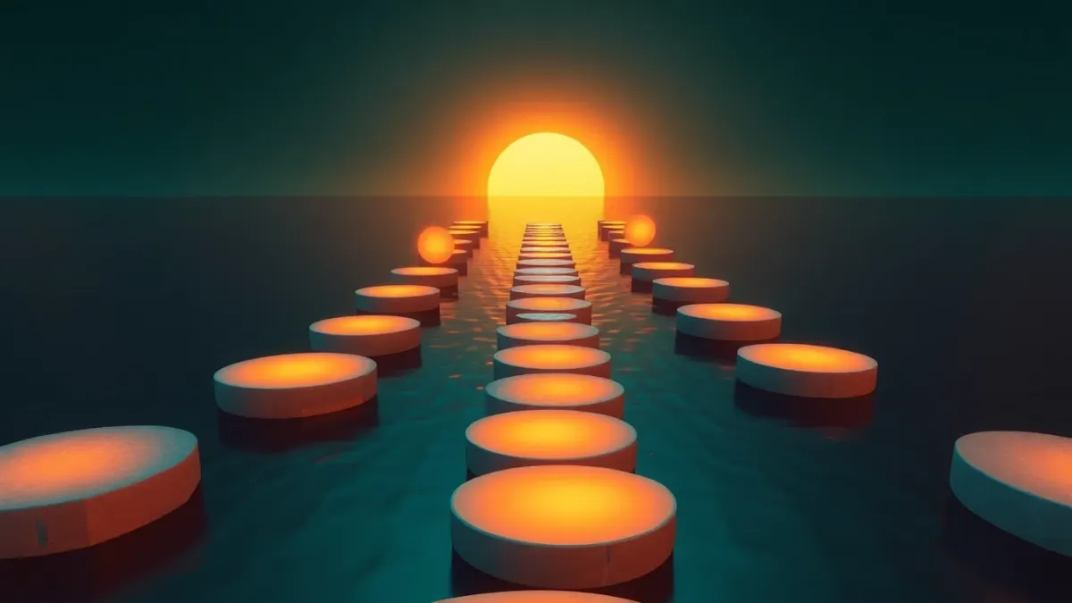Glowing stepping stones with increasing gaps crossing water toward a bright horizon