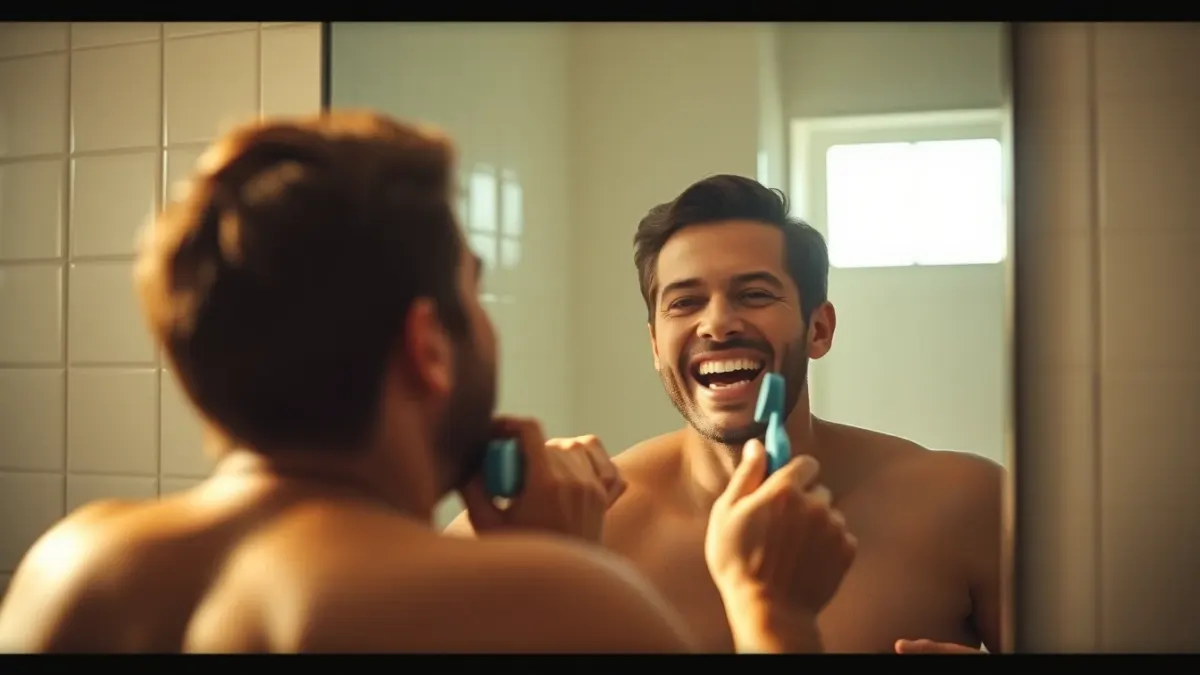 Person talking to their reflection in a bathroom mirror in the morning