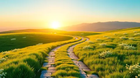 Paved path winding through a green landscape toward a glowing horizon