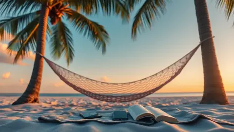 Hammock on a quiet beach at golden hour with phone and paperback on a towel