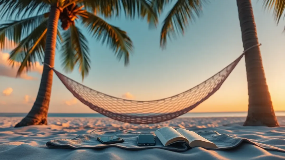Hammock on a quiet beach at golden hour with phone and paperback on a towel