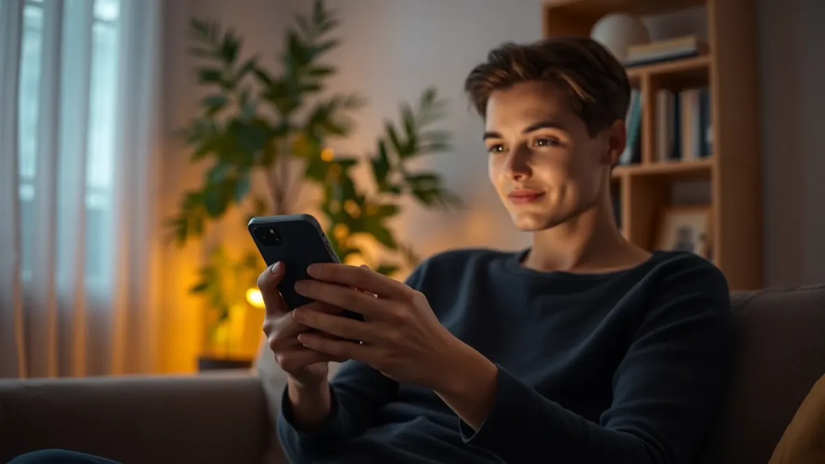 Person relaxing on a sofa at dusk using a phone, lit softly by its glow