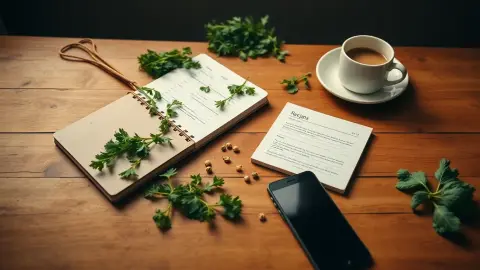 Rustic table with herbs, a recipe notebook and a phone