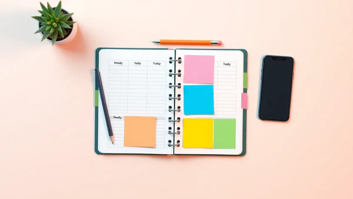 Flat-lay of a weekly planner with colored tabs, pencil and phone