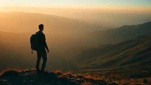 Hiker at a trail junction on a hilltop overlooking valley paths at sunrise