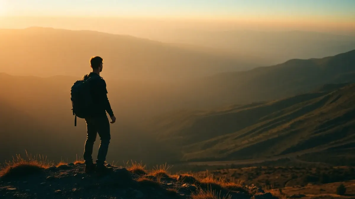 Hiker at a trail junction on a hilltop overlooking valley paths at sunrise