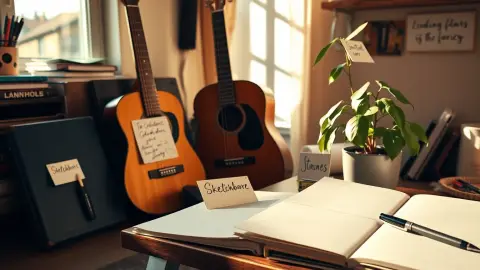 Cosy hobby corner with objects labelled by small handwritten cards
