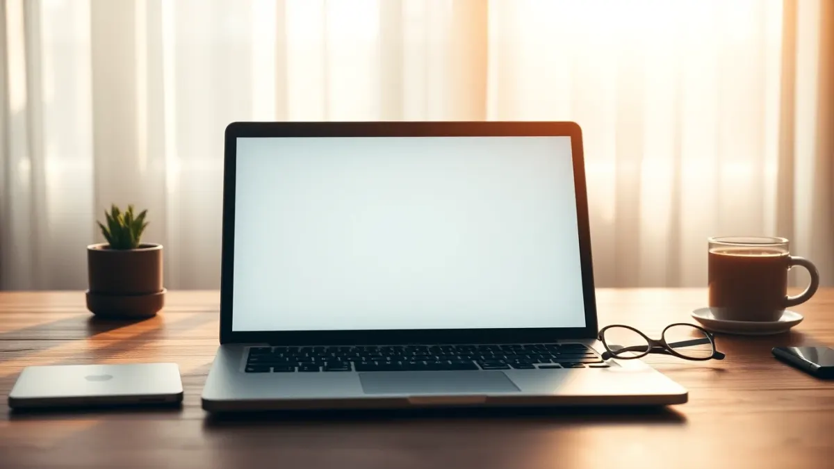 Laptop on a desk with a blank email window, tea cup and glasses