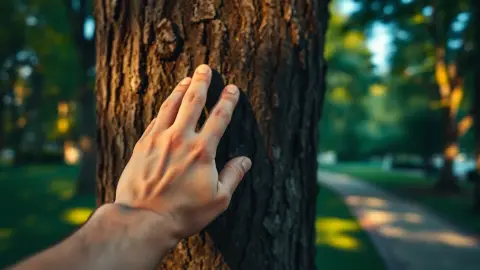 Hand resting on tree bark in a green park, grounding through touch