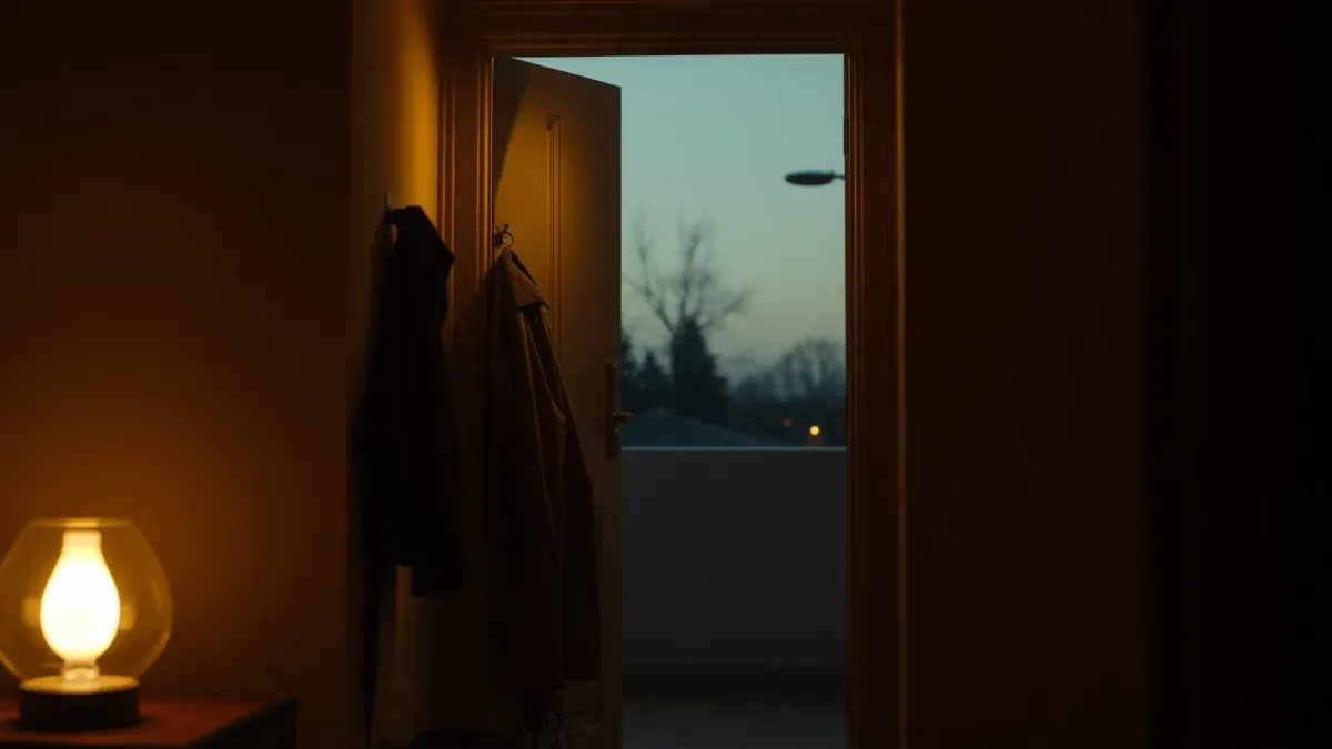 Hallway with coat, bag and a glowing lamp as someone arrives home in the evening