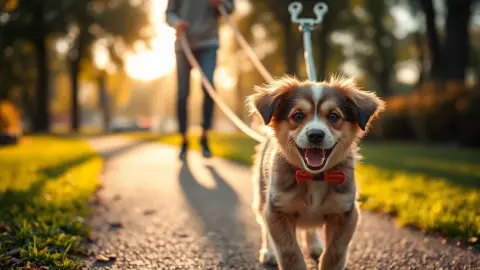 Puppy being gently guided back to a sunny park path