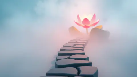 Crooked stepping stones through mist toward a glowing lotus flower