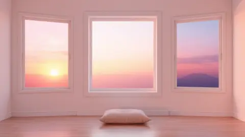 Meditation cushion by a window with sunrise and dusk colors