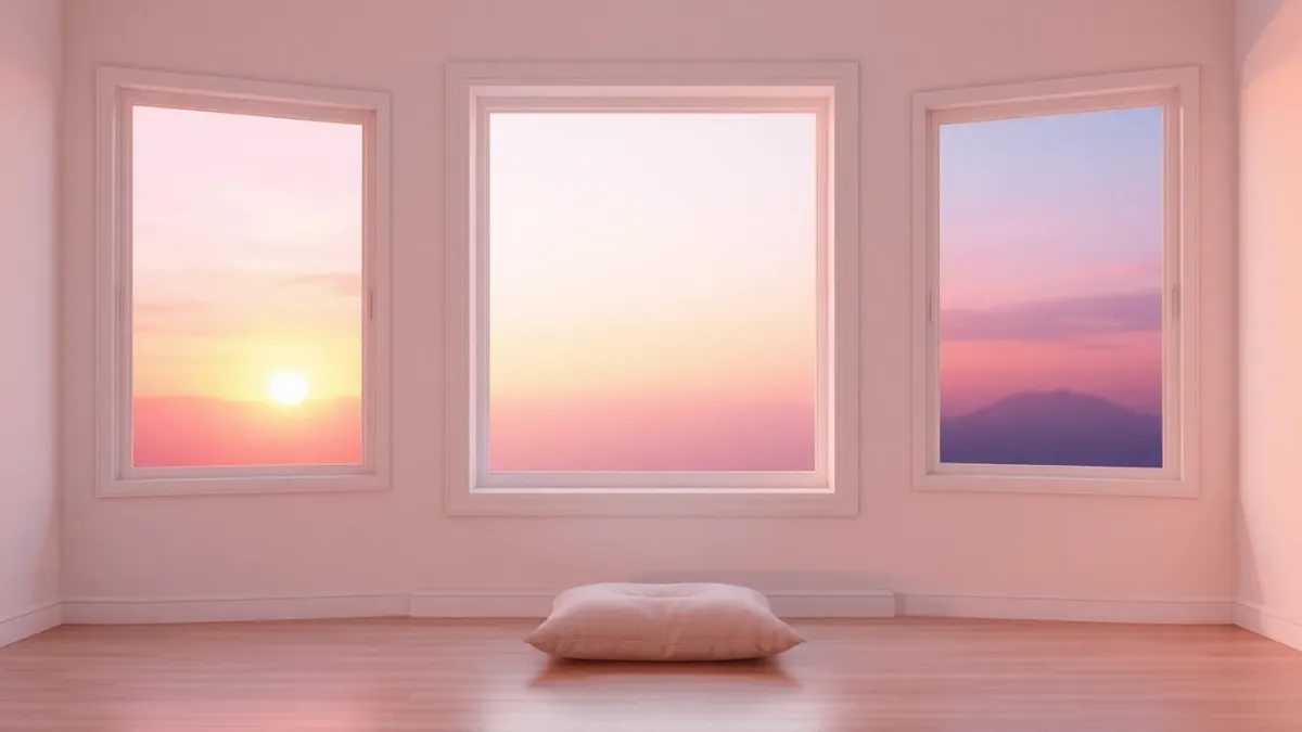 Meditation cushion by a window with sunrise and dusk colors