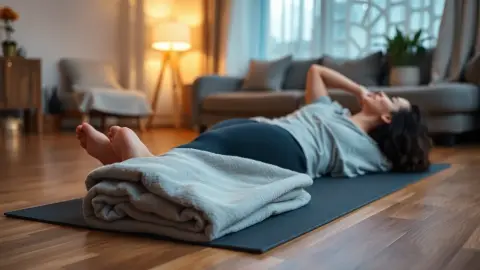 Person lying on a mat doing a body scan meditation at home