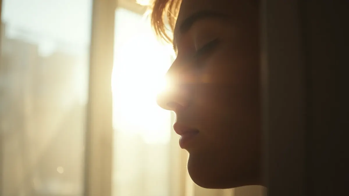 Calm person breathing quietly near a sunlit window